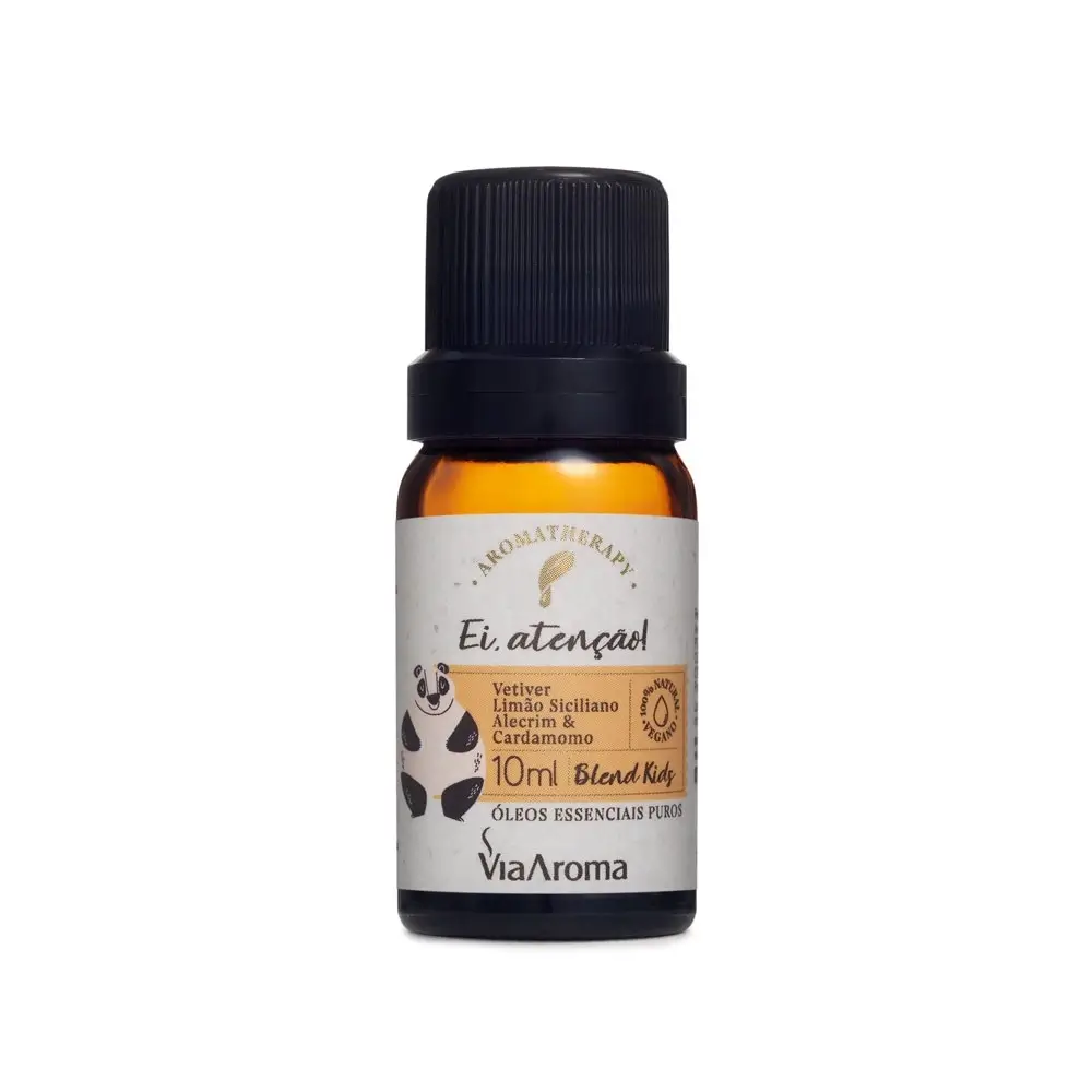 Blend de Óleos Essenciais Kids Ei, Atenção! Via Aroma. Composição natural para estimular a atenção e o aprendizado infantil.