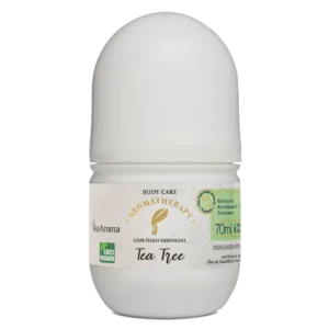 Desodorante Roll-On Tea Tree Via Aroma 70ml – Natural, vegano e livre de alumínio, com óleo essencial de melaleuca para proteção diária.