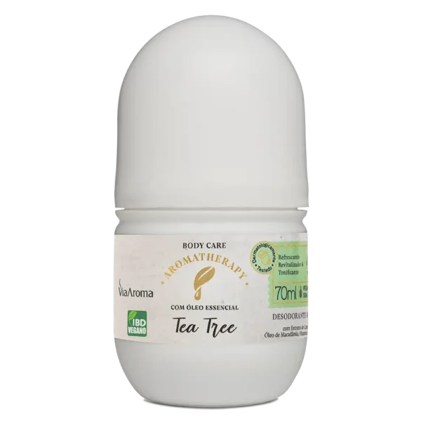 Desodorante Roll-On Tea Tree Via Aroma 70ml – Natural, vegano e livre de alumínio, com óleo essencial de melaleuca para proteção diária.