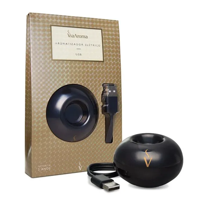 Difusor Aromatizador USB de Porcelana Black Via Aroma. Conecte em qualquer porta USB e perfume seu ambiente com estilo e praticidade.