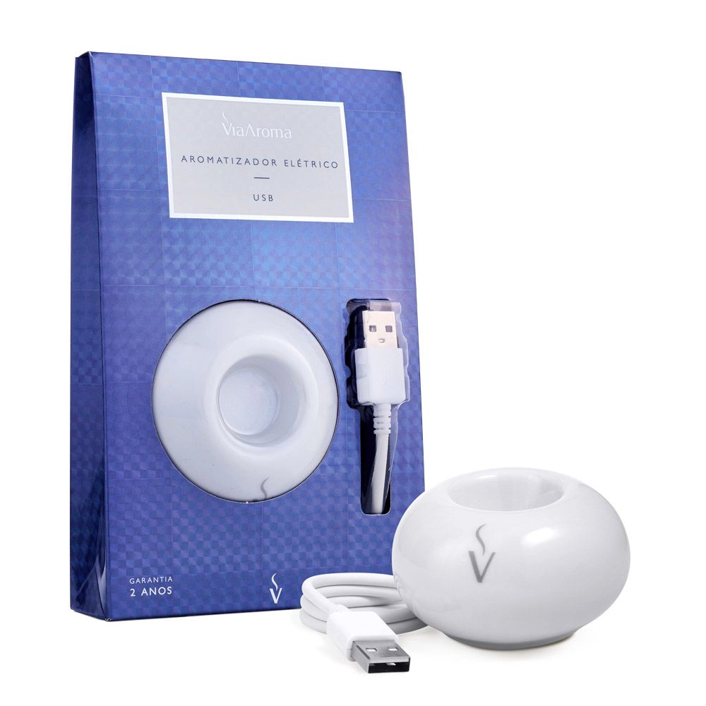 Difusor Aromatizador USB de Porcelana Branco Via Aroma. Conecte em qualquer porta USB e perfume seu ambiente com elegância e praticidade.