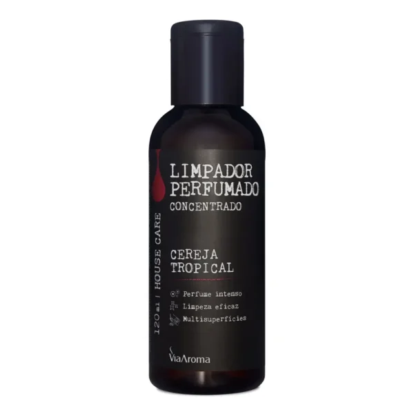 Limpador Perfumado Concentrado Cereja Tropical Via Aroma 120ml – limpeza eficiente e perfume duradouro por até 12 horas.