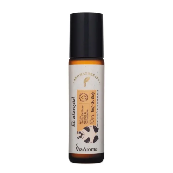 Roll-on Óleos Essenciais Kids Ei, Atenção! Via Aroma 10ml – aromaterapia para foco e concentração infantil, com óleos essenciais de Alecrim, Cardamomo, Limão Siciliano e Vetiver.
