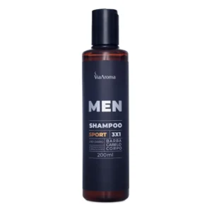 Shampoo Men Sport Via Aroma 3 em 1 – ideal para cabelos, barba e corpo, com fragrância amadeirada e tecnologia de limpeza profunda.